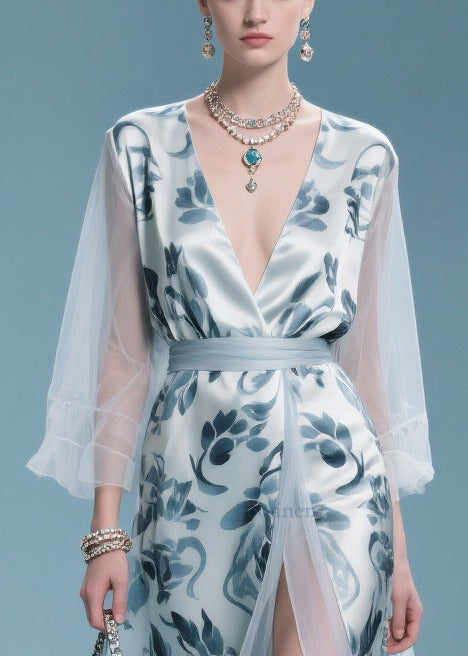 Italian Light Blue Print Patchwork Tulle Maxi Dress Summer