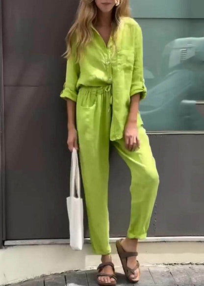 Italian Light Green Peter Pan Collar Patchwork Shirts And Crop Pants Two Pieces Set Fall