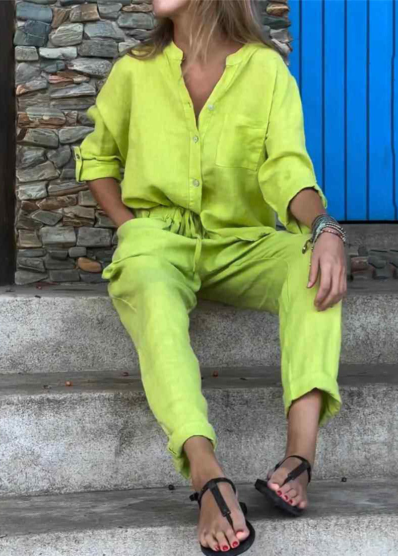 Italian Light Green Peter Pan Collar Patchwork Shirts And Crop Pants Two Pieces Set Fall