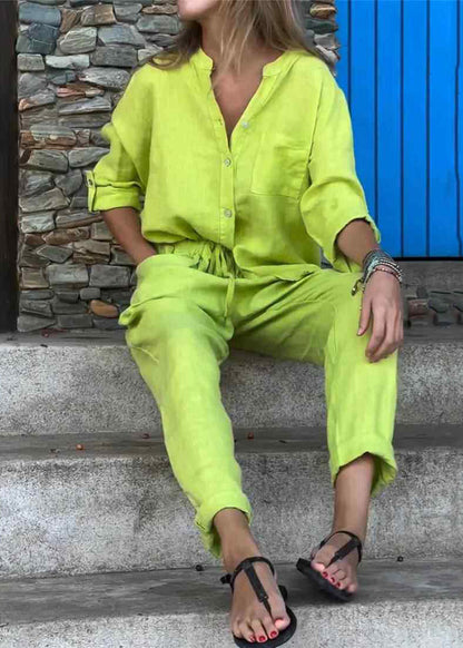 Italian Light Green Peter Pan Collar Patchwork Shirts And Crop Pants Two Pieces Set Fall