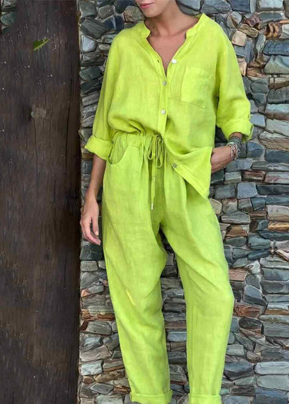 Italian Light Green Peter Pan Collar Patchwork Shirts And Crop Pants Two Pieces Set Fall