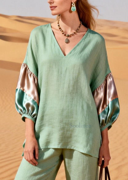 Italian Light Green V Neck Patchwork Cotton Two Pieces Set Summer
