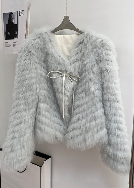 Italian Milk Tea Color V Neck Lace Up Leather And Fur Coats Winte