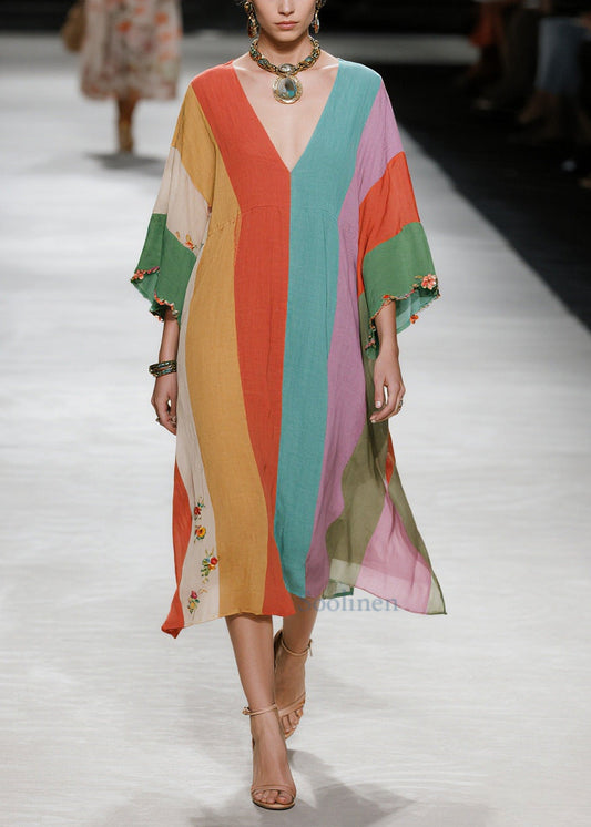 Italian Multicolored Oversized Striped Cotton Long Dress Summer