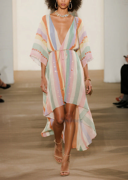 Italian Multicolored Striped Low High Design Chiffon Ankle Dress Summer