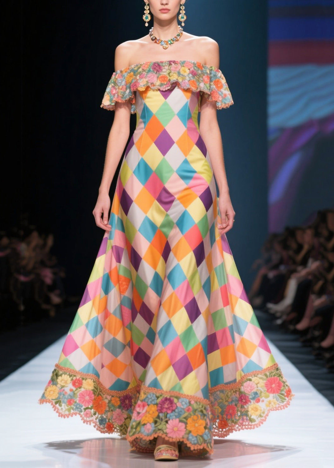 Italian Multicolour Plaid Patchwork Flower Silk Strapless Dress Summer