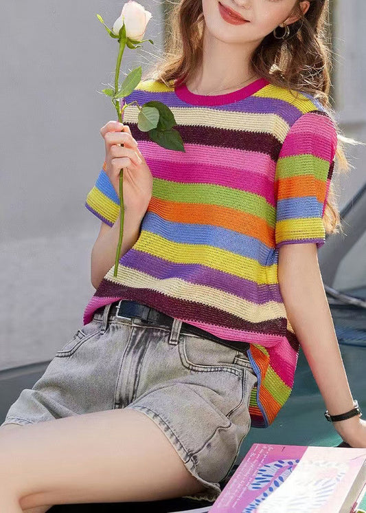 Italian Multicolour Striped O-Neck Cotton Tops Summer