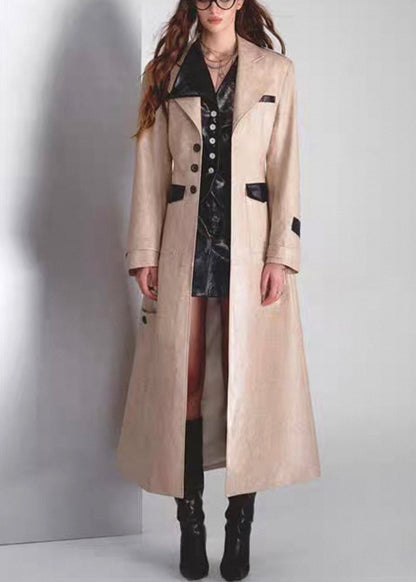 Italian Notched Button Pockets Patchwork Faux Leather Long Coats Fall