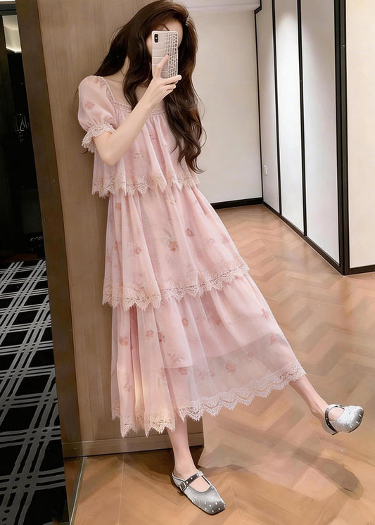 Italian Pink Layered Design Print Chiffon Vacation Dresses Summer