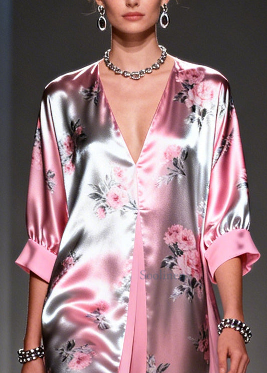 Italian Pink Print Patchwork Silk Fake Two Piece Dress Summer