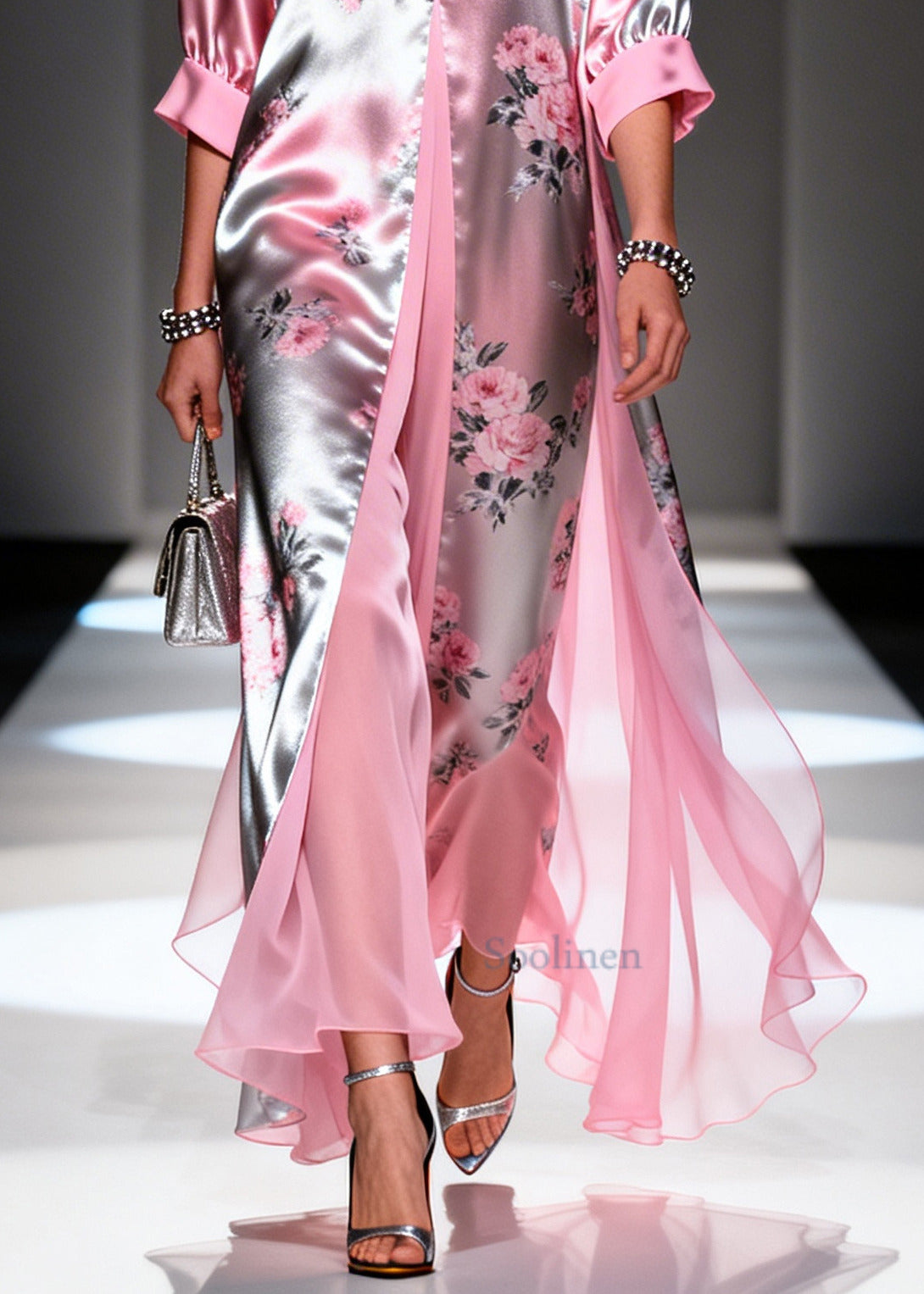 Italian Pink Print Patchwork Silk Fake Two Piece Dress Summer
