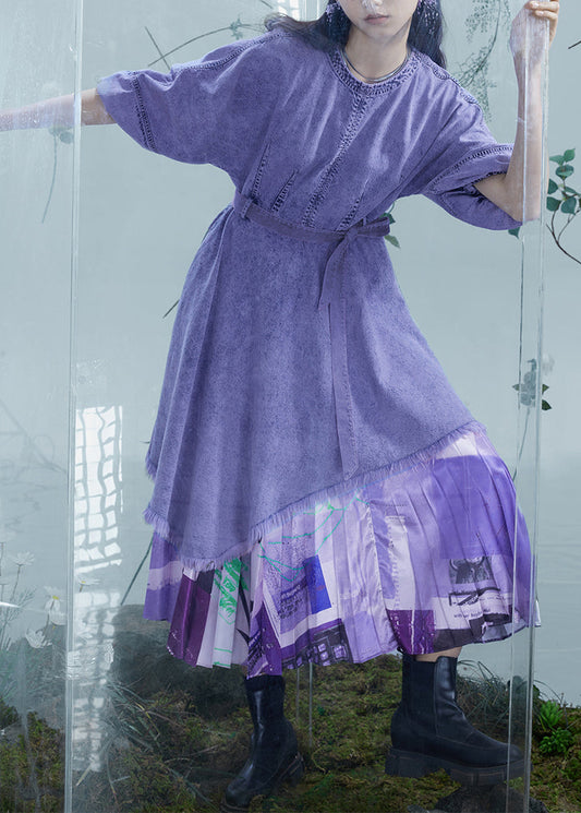 Italian Purple Asymmetrical Design Patchwork Denim Dresses Lantern Sleeve