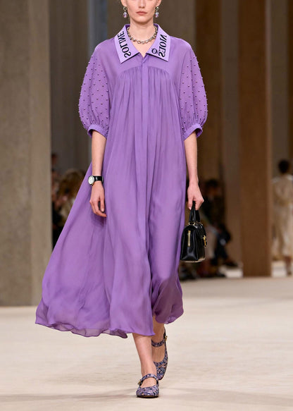 Italian Purple Peter Pan Collar Wrinkled Chiffon Maxi Dress Half Sleeve