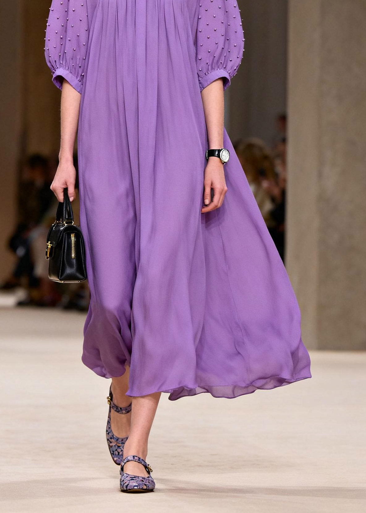 Italian Purple Peter Pan Collar Wrinkled Chiffon Maxi Dress Half Sleeve
