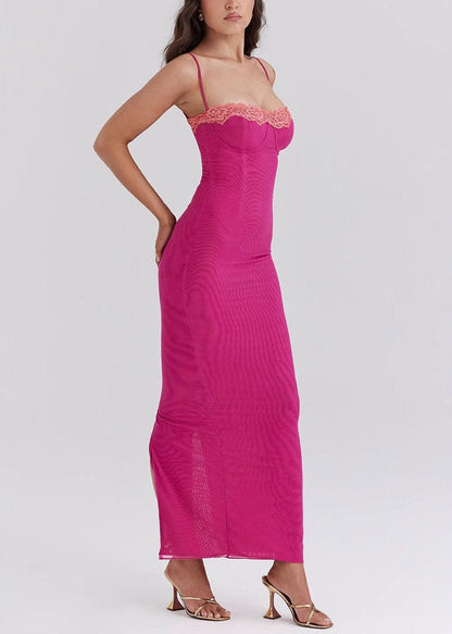 Italian Rose Side Open Solid Tulle Maxi Spaghetti Strap Dresses Sleeveless