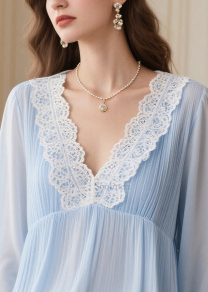Italian Sky Blue V Neck Patchwork Lace Chiffon Shirt Spring