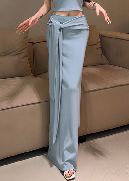 Italian Sky Blue Wraped Cotton Straight Skirts Spring