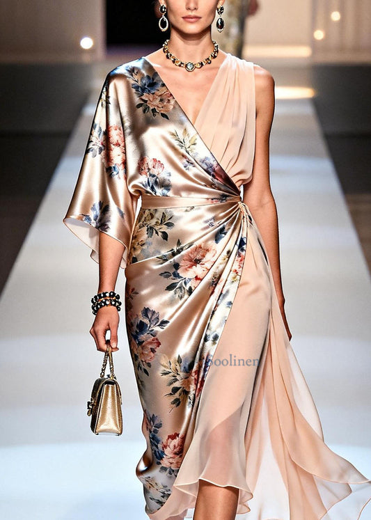 Italian V Neck Print Asymmetrical Design Silk Dress Summer