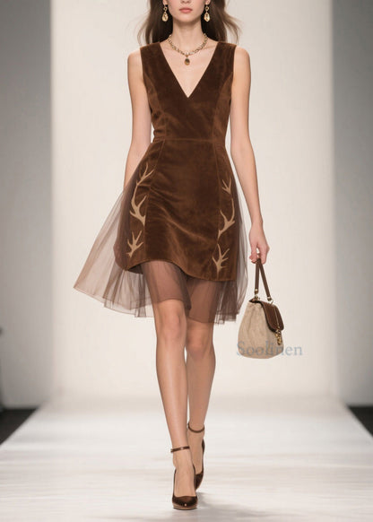 Italian V Neck Tulle Patchwork Velour Dresses Sleeveless