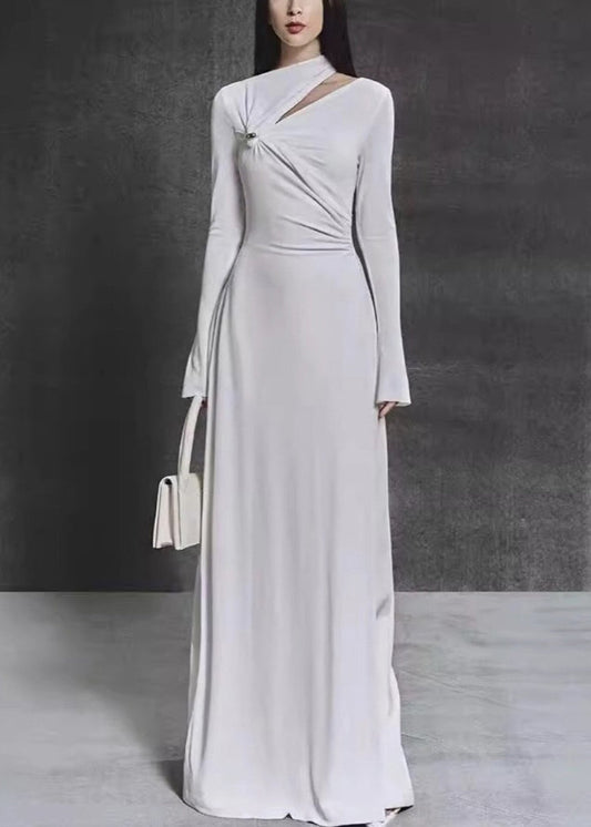 Italian White Asymmetrical Hollow Out Knitting Cotton Maxi Dress Fall