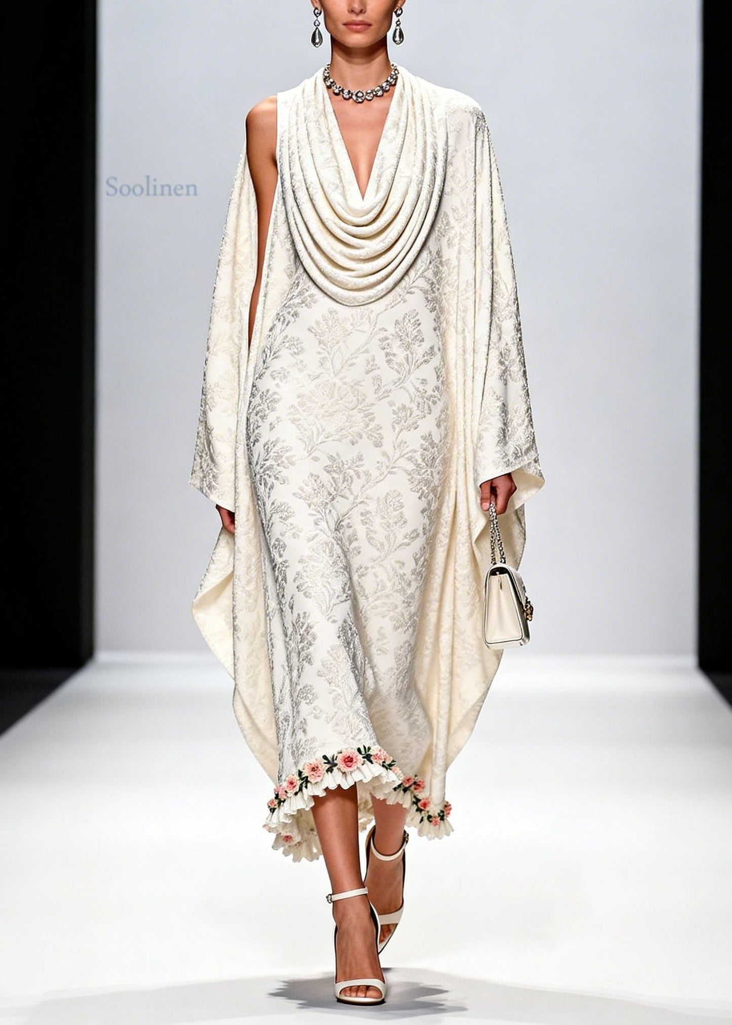 Italian White Draped Neckline Print Ruffled Floral Silk Dress Fall