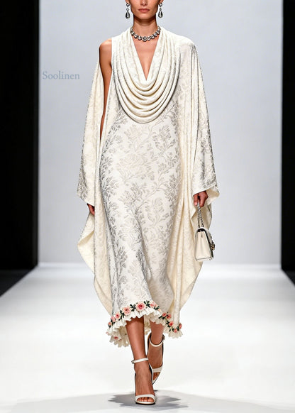 Italian White Draped Neckline Print Ruffled Floral Silk Dress Fall
