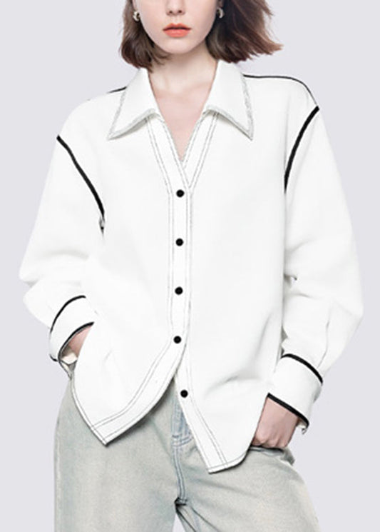 Italian White Peter Pan Collar Patchwork Button Shirts Fall