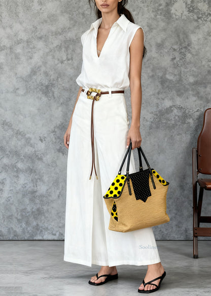 Italian White Peter Pan Collar Tops And Side Open Skirts Linen Two Pieces Set Summer