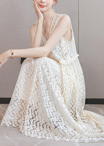 Italian White Ruffled Patchwork Lace Long Dresses Sleeveless