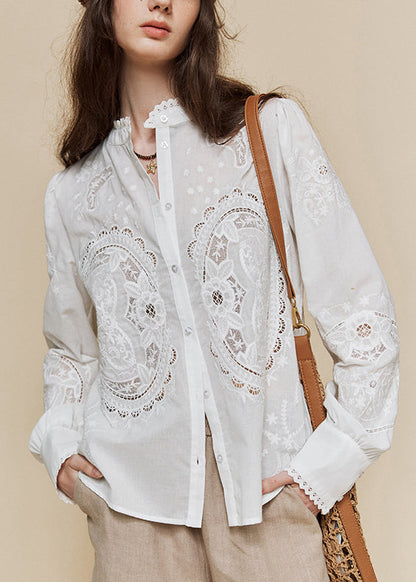 Italian White Stand Collar Embroidered Cotton Shirt Top Fall