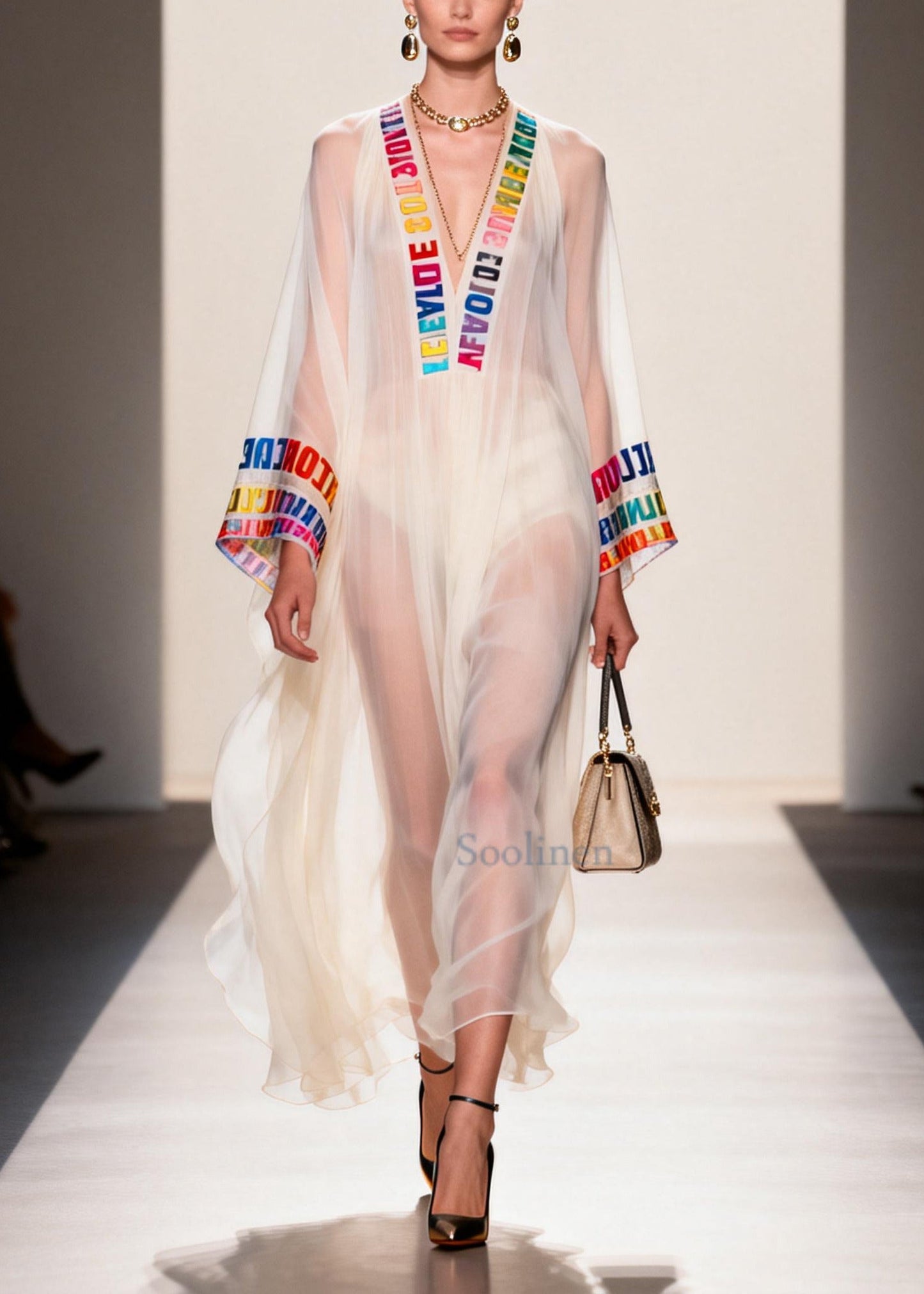 Italian White V Neck Letter Print Chiffon Sheer Dress Summer