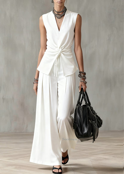 Italian White Wrinkled Elastic Waist Two Piece Set Summer