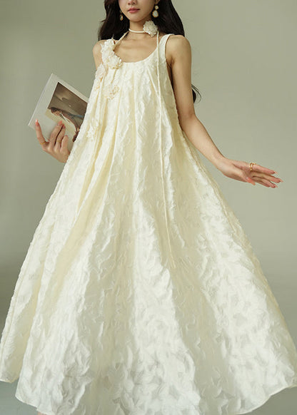 Jacquard Beige Floral Tie Waist Cotton Party Dress Sleeveless