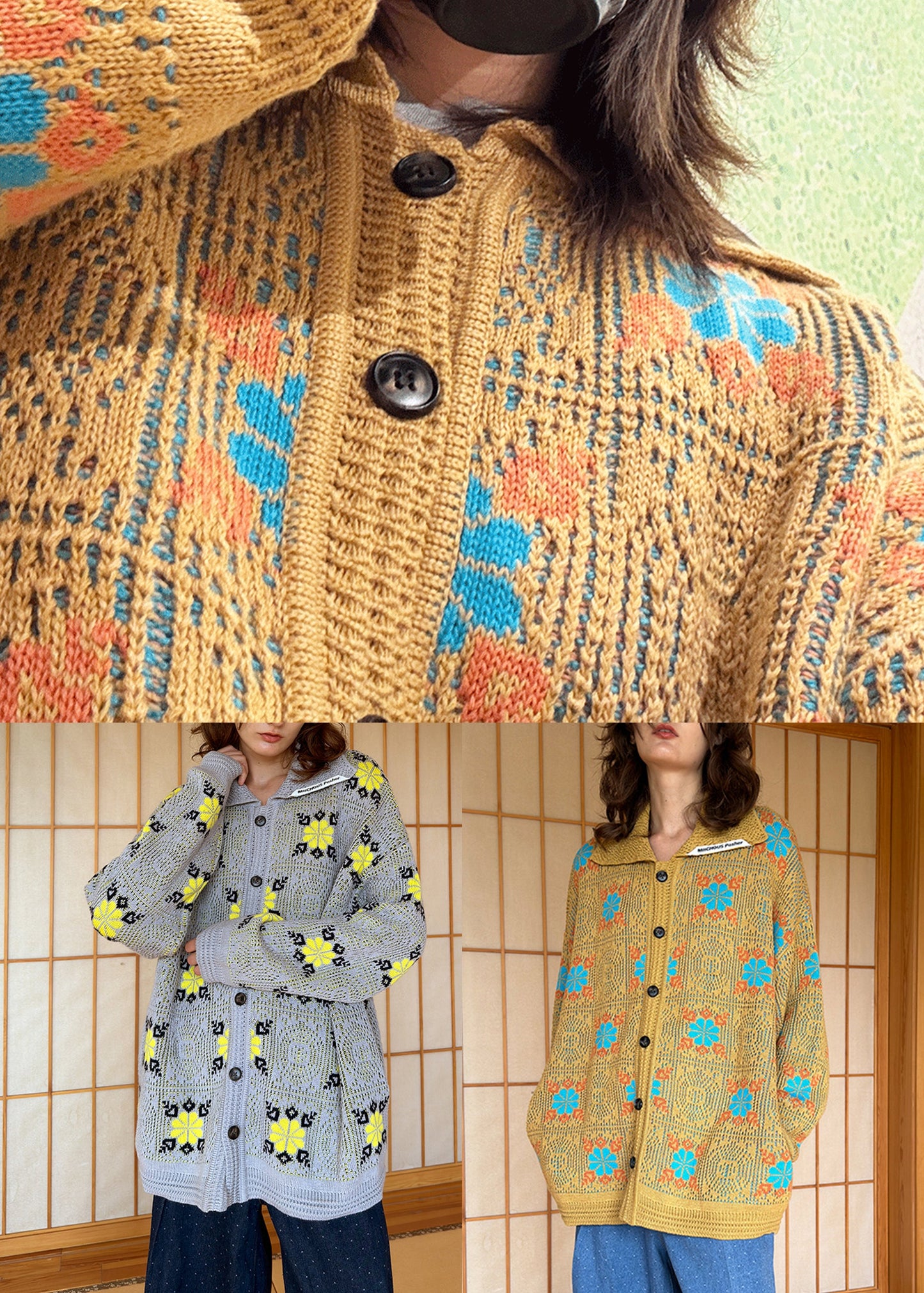 Jacquard Grey Peter Pan Collar Button Knitted Cotton Coats Fall