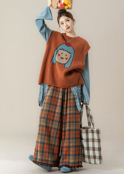 Japanese Style Orange O-Neck Cartoon Knitted Vest And T Shirt Pants Set Spring