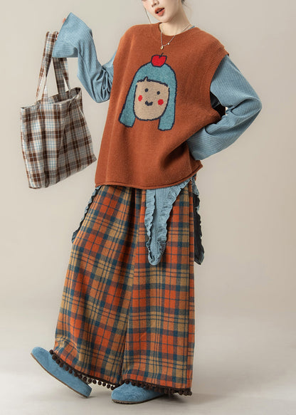 Japanese Style Orange O-Neck Cartoon Knitted Vest And T Shirt Pants Set Spring
