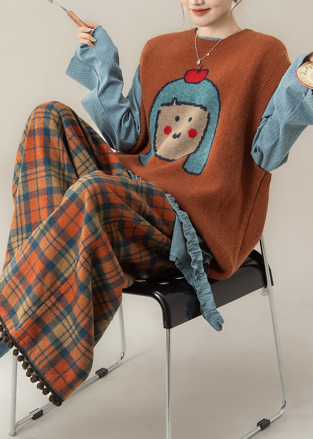 Japanese Style Orange O-Neck Cartoon Knitted Vest And T Shirt Pants Set Spring