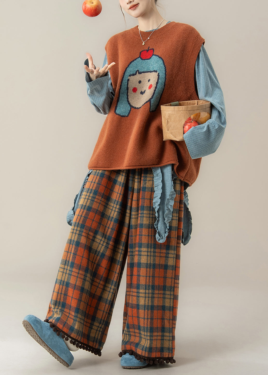Japanese Style Orange O-Neck Cartoon Knitted Vest And T Shirt Pants Set Spring