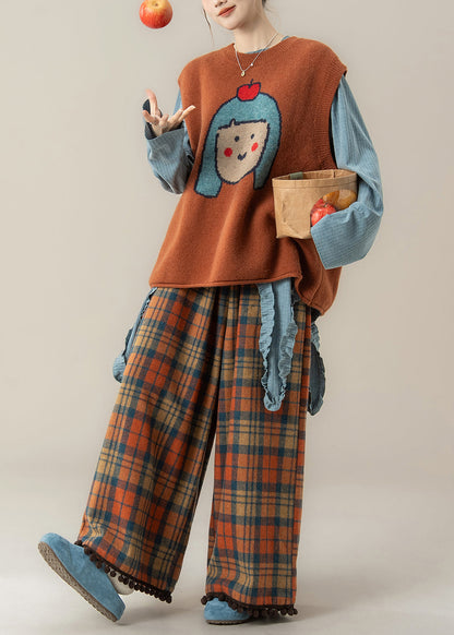 Japanese Style Orange O-Neck Cartoon Knitted Vest And T Shirt Pants Set Spring