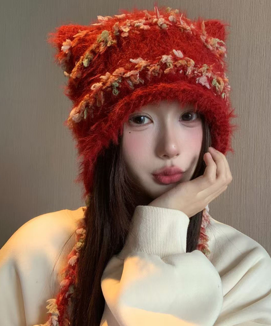 Japanese Style Red Cute Knitted Warm Ear Protection Hat