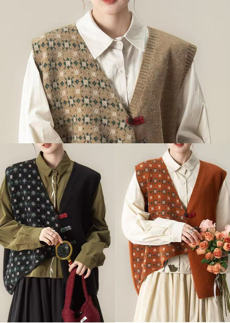 Khaki Loose Knit Short Vests Asymmetrical Design Winter