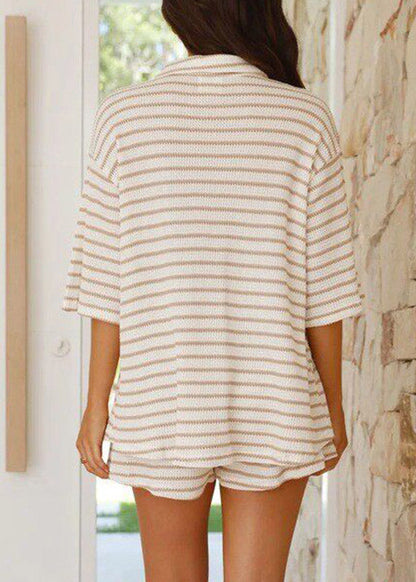 Khaki Striped Butto Shirts And Shorts Two-Piece Set Short Sleeve