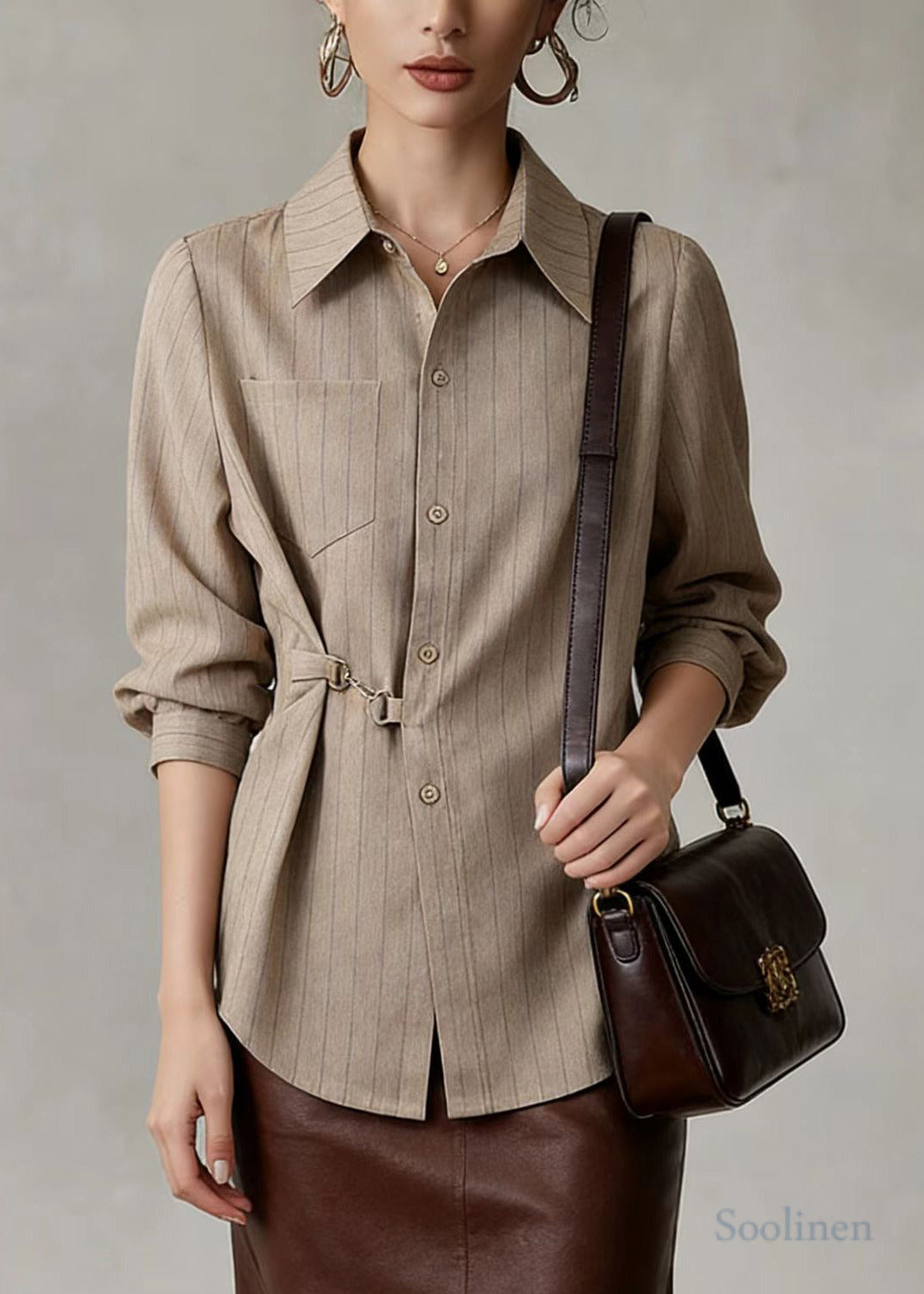 Khaki Striped Cotton Blouses Side Tie Waist Spring