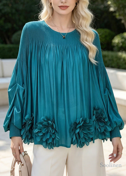 Lake Blue Chiffon Top Oversized Floral Wrinkled Spring