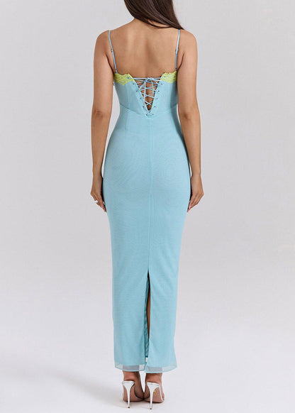 Lake Blue Tie Waist Solid Tulle Long Spaghetti Strap Dress Dresses Summer