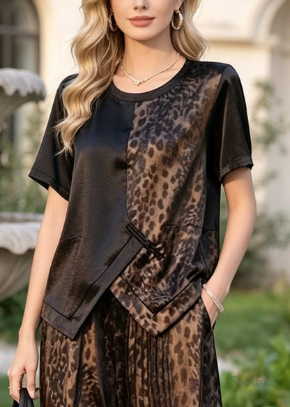 Leopard Print Patchwork Silk Two Pieces Set Asymmetrical Design Summer