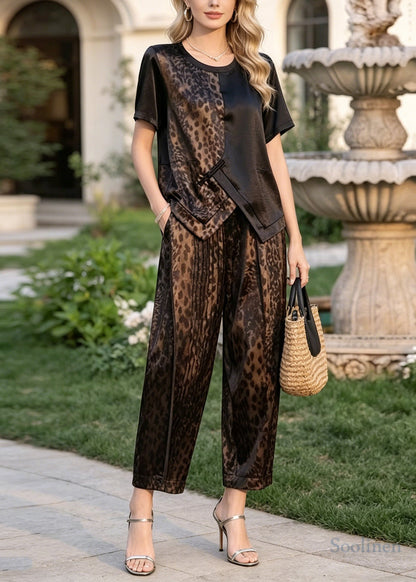 Leopard Print Patchwork Silk Two Pieces Set Asymmetrical Design Summer