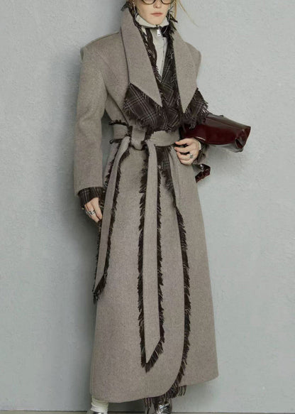 Light Camel Pockets Tie Waist Woolen Long Coats Peter Pan Collar