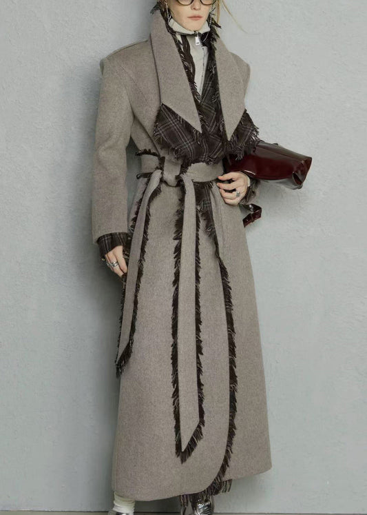 Light Camel Pockets Tie Waist Woolen Long Coats Peter Pan Collar