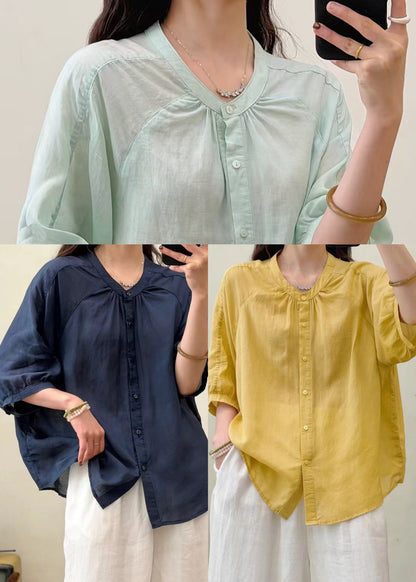 Light Green Linen Top Oversized Wrinkled Half Sleeve